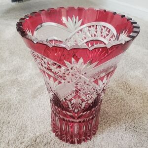 Vintage Ruby Red Cut to Clear Crystal Vase Bohemian German 10" Tall